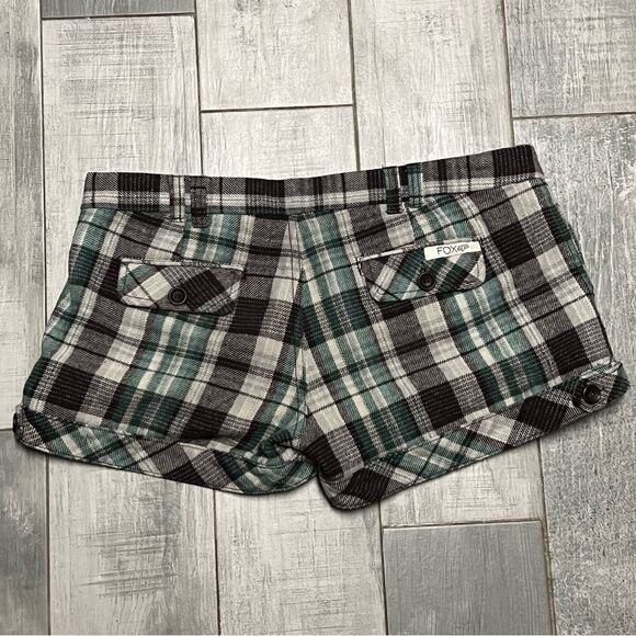 FOX VTG Y2K Academia Plaid Wool Brown Green Ivory Low Rise Mini Dress Shorts 7 S - Picture 14 of 16